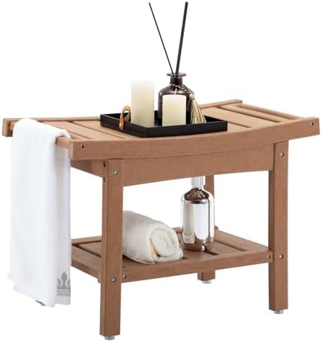 Teak finish HDPE bath stool with shelf