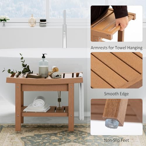 Teak finish HDPE bath stool with shelf — photo 3