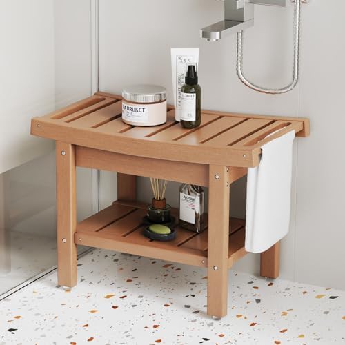 Teak finish HDPE bath stool with shelf — photo 4