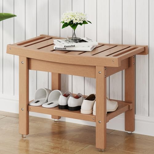 Teak finish HDPE bath stool with shelf — photo 5