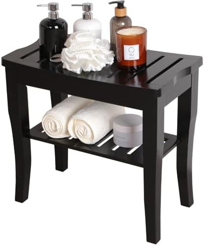 Black bamboo spa stool with shelf