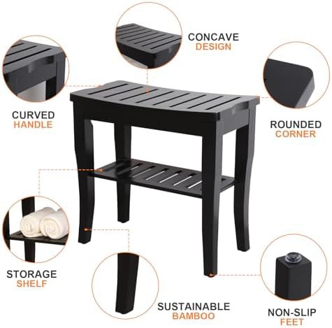 Black bamboo spa stool with shelf — photo 4