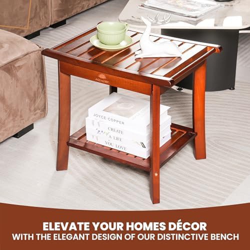Teak wood shower bench with storage shelf — photo 4