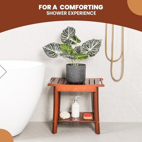 Teak wood shower bench with storage shelf — photo 5