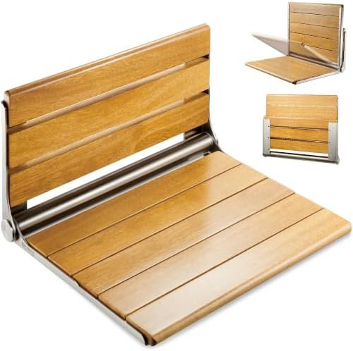 Wall mounted teak bathroom stool 20 in
