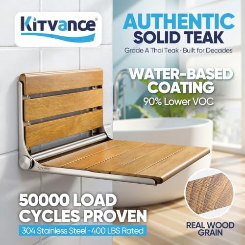 Wall mounted teak bathroom stool 20 in — photo 3