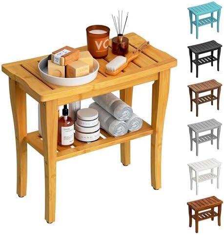 Bamboo spa shower bench with storage shelf