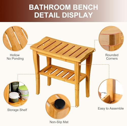Bamboo spa shower bench with storage shelf — photo 3