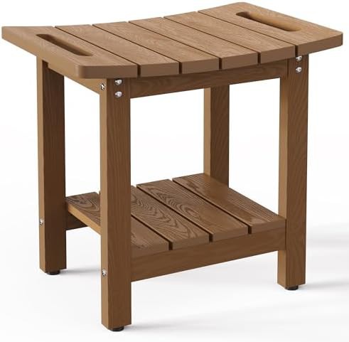 Brown shower stool with storage shelf