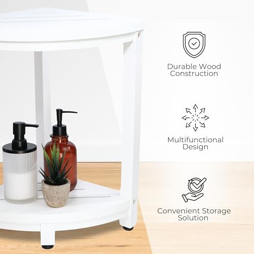 White Wood Corner Shower Bench with Shelf — photo 4