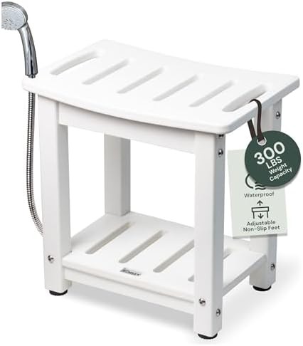 Curved white l-shaped shower bench