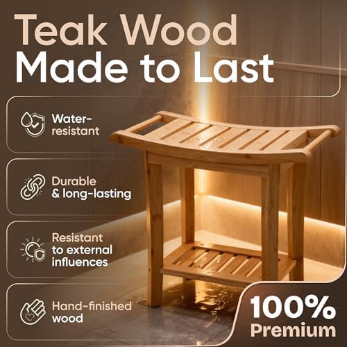 Natural wood bamboo shower stool with shelf — photo 3