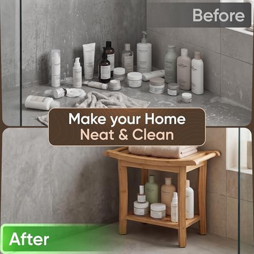 Natural wood bamboo shower stool with shelf — photo 4