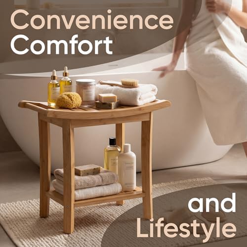 Natural wood bamboo shower stool with shelf — photo 5