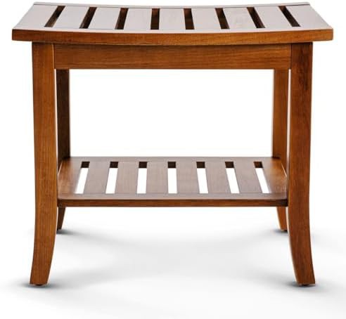 Teak wood shower bench with storage shelf