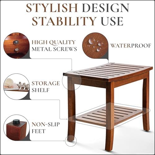 Teak wood shower bench with storage shelf — photo 3