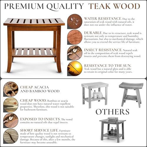Teak wood shower bench with storage shelf — photo 4