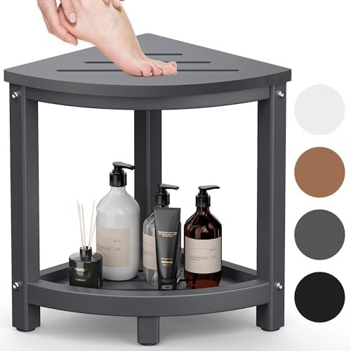 Grey Corner Shower Bench with Storage Shelf