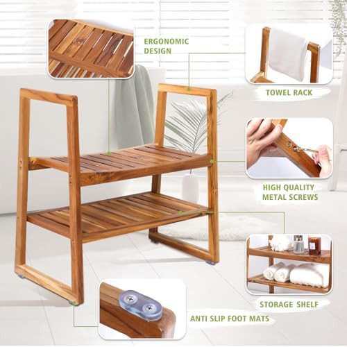 Teak wood shower bench with arms — photo 4