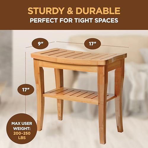 Bamboo shower stool with storage shelf — photo 3