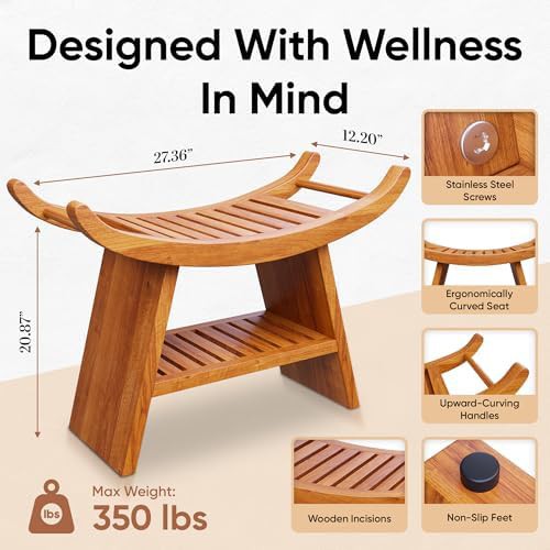 Curved teak shower bench with non-slip feet — photo 4