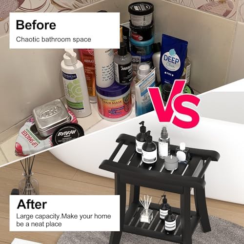 Black bamboo shower bench with storage shelf — photo 4