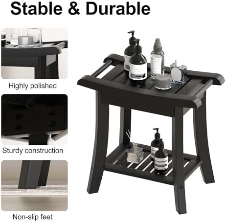 Black bamboo shower bench with storage shelf — photo 5