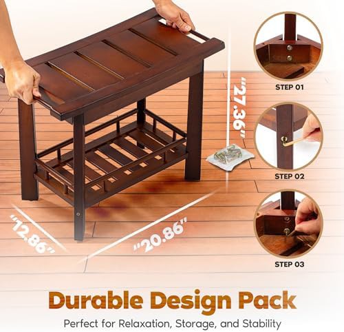 Teak shower bench with enclosed storage shelf — photo 3