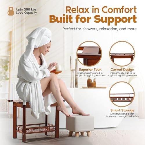 Teak shower bench with enclosed storage shelf — photo 4