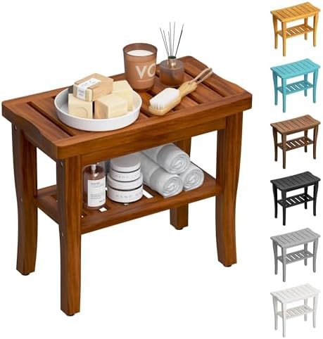 Natural teak wood shower stool with shelf