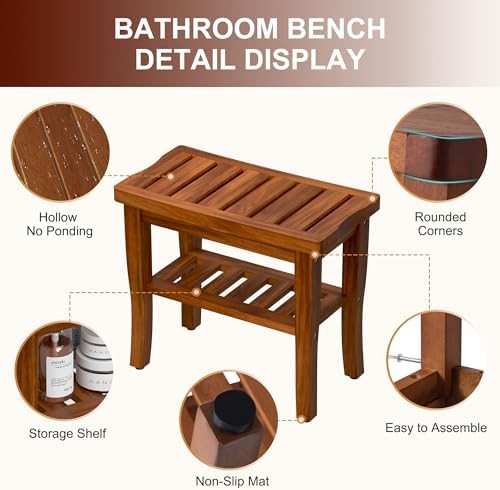 Natural teak wood shower stool with shelf — photo 4