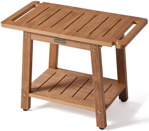 Brown heavy duty shower bench with shelf