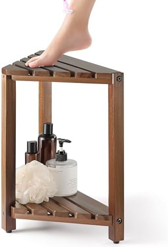 Walnut corner shower stool with shelf