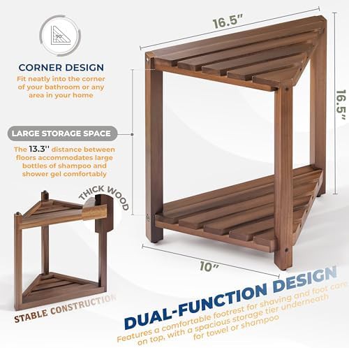 Walnut corner shower stool with shelf — photo 3