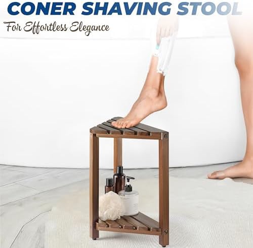 Walnut corner shower stool with shelf — photo 5