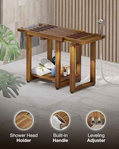Adjustable wood shower bench with storage shelf — photo 3
