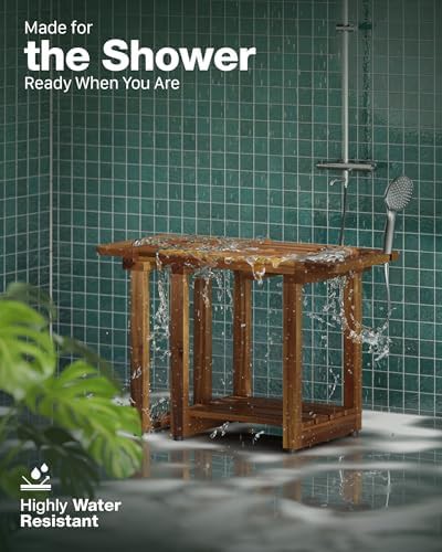 Adjustable wood shower bench with storage shelf — photo 4