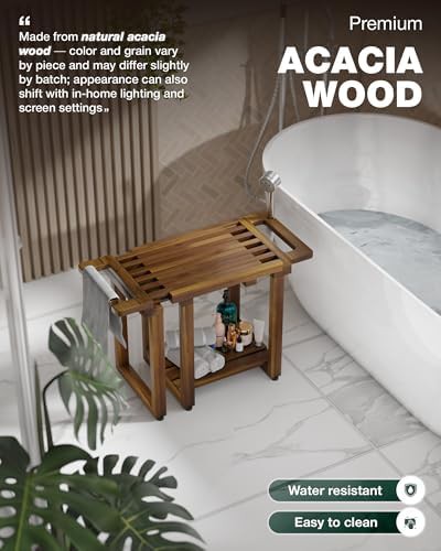 Adjustable wood shower bench with storage shelf — photo 5