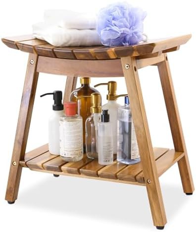 Acacia Wood Shower Bench with Storage Shelf