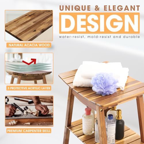 Acacia Wood Shower Bench with Storage Shelf — photo 5