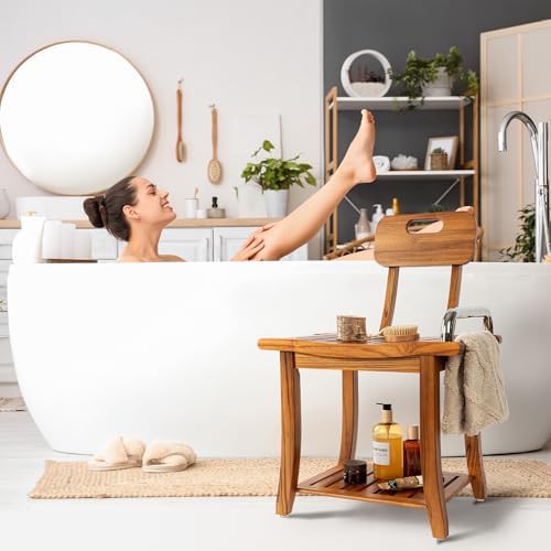 Teak shower bench with backrest and handles — photo 3