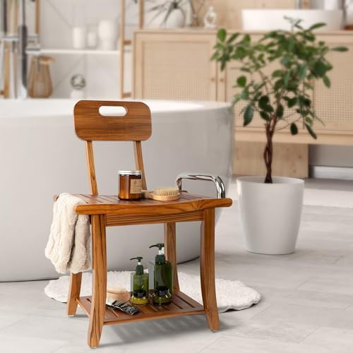 Teak shower bench with backrest and handles — photo 4