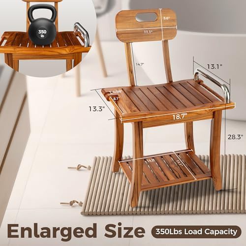 Teak shower bench with backrest and handles — photo 5