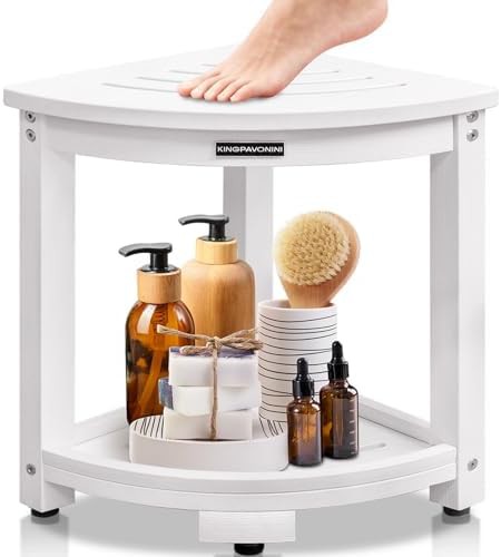 White corner shower stool with shelf