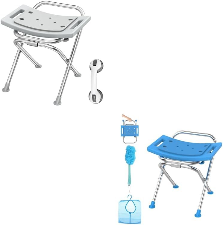 Stainless folding shower stool with padded handle