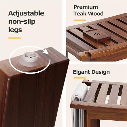 Teak shower bench with storage shelf — photo 3