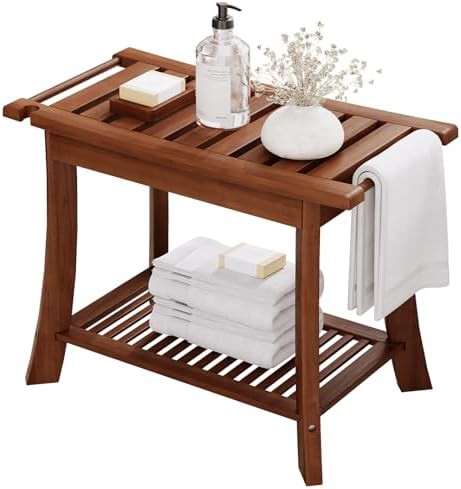 Teak shower bench with storage shelf — photo 4