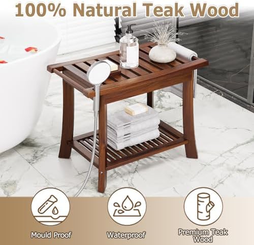 Teak shower bench with storage shelf — photo 5