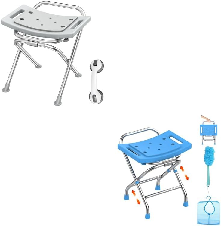 Gray folding shower chair with grab bar