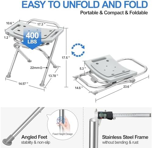 Gray folding shower chair with grab bar — photo 4